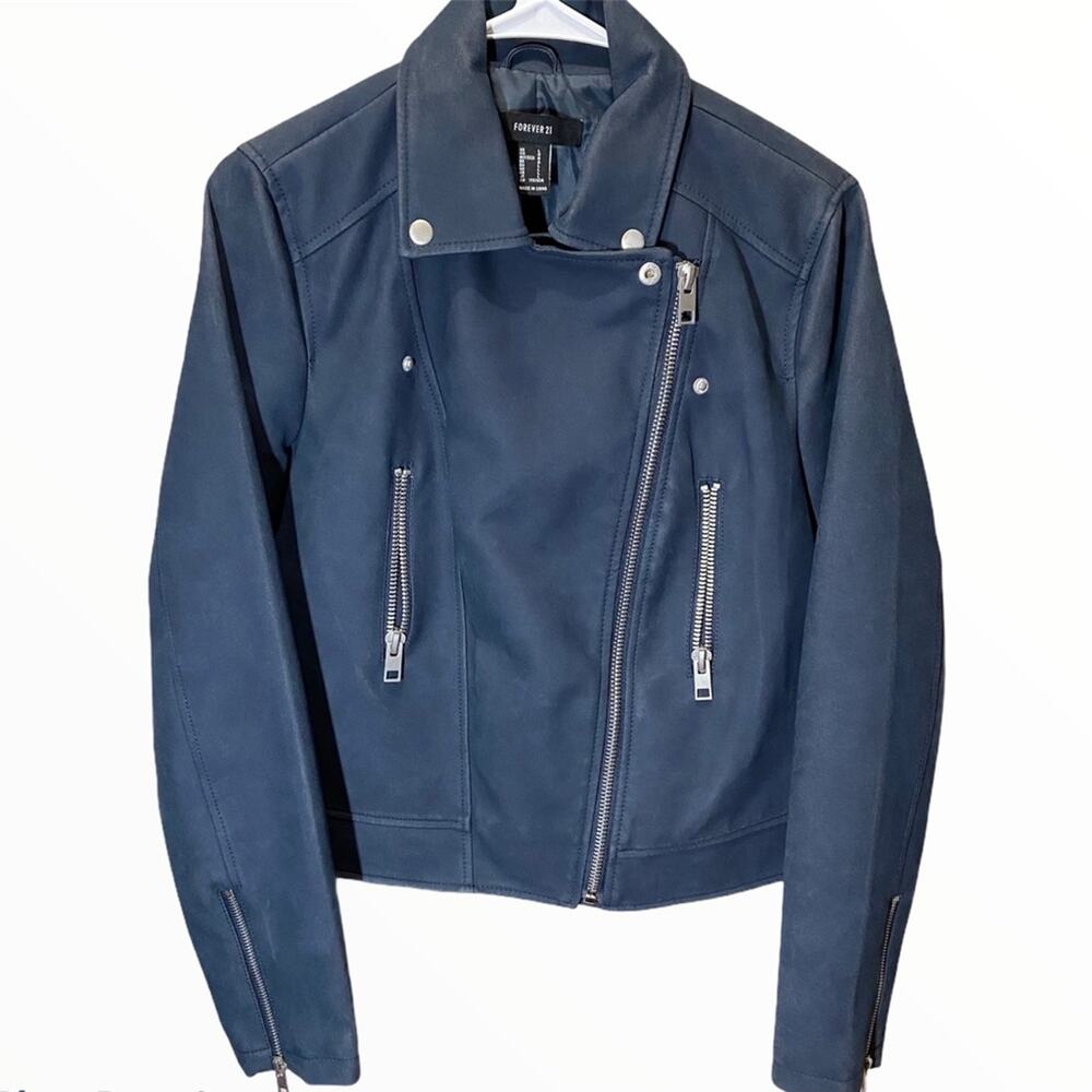 Forever 21 Faux Leather Motorcycle Jacket Asymmetrical Zip Pockets Navy Large